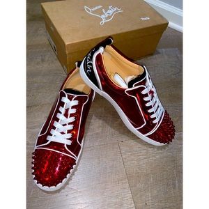 Red Patent Leather Fun Louis Junior Spikes Christian Louboutin